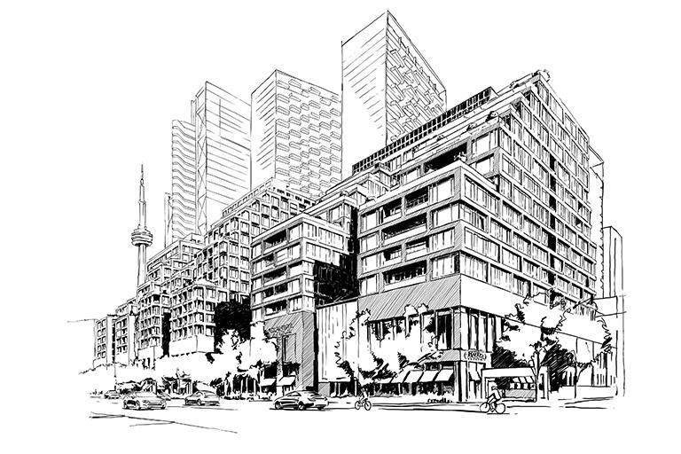 A line drawing of a residential midrise building